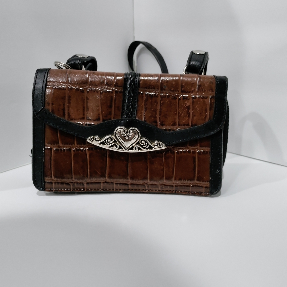 Brown Croc embroidered embossed crossbody wallet
